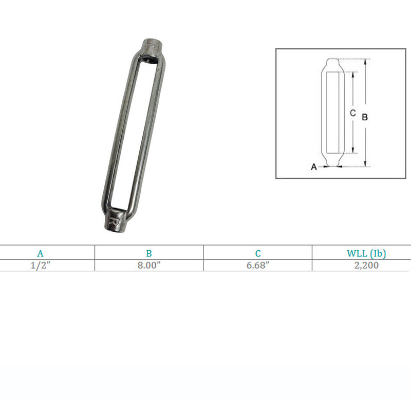 Marine Grade 1/2" x 6-3/4" Turnbuckle Body 2200 Lbs WLL,Stainless Steel T316 4Pc