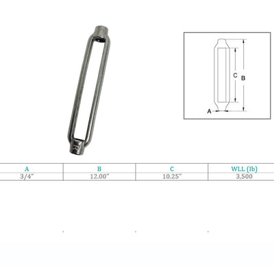 Marine Grade 3/4" x 10-1/4" Turnbuckle Body 3500 Lbs WLL, Stainless Steel T316