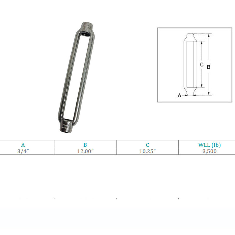 Marine Grade 3/4" x 10-1/4" Turnbuckle Body 3500 Lbs WLL, Stainless Steel T316