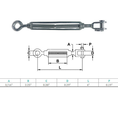 Marine Grade Stainless Steel Jaw Eye 3/16" x 2-1/4" Turnbuckles for Cable Rope