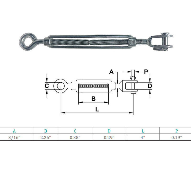 Marine Grade Stainless Steel Jaw Eye 3/16" x 2-1/4" Turnbuckles for Cable Rope