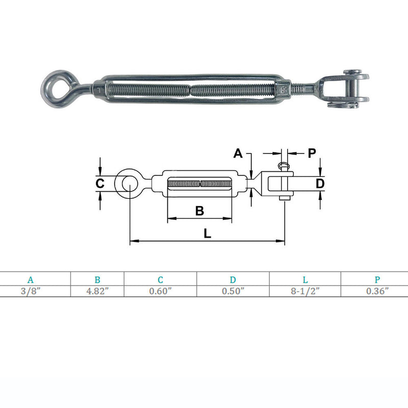 Marine Grade Stainless Steel Jaw Eye 3/8" x 4-7/8" Turnbuckles Cable Rope 4 Pcs