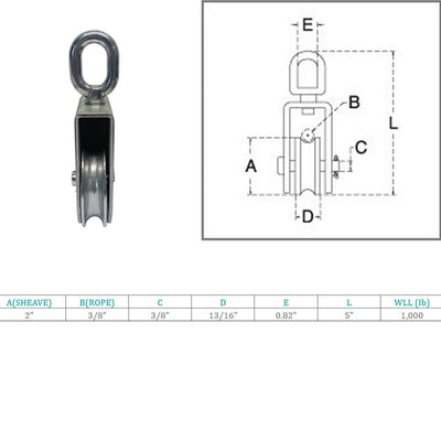 Marine 2" Sheave Square Block 3/8" Rope Pulley 1000Lb WLL Stainless Steel 4 Pcs