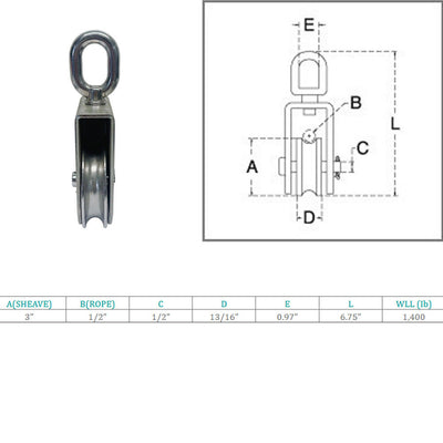 Marine 3" Sheave Square Block 1/2" Rope Pulley 1400Lb WLL Stainless Steel 4 Pcs