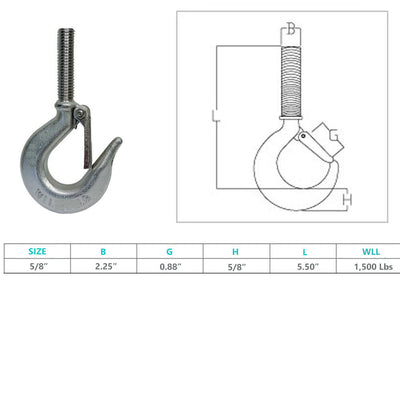Marine 5/8" Threaded Shank Hook Drop Forged Hook 1,500 Lb WLL Stainless Steel