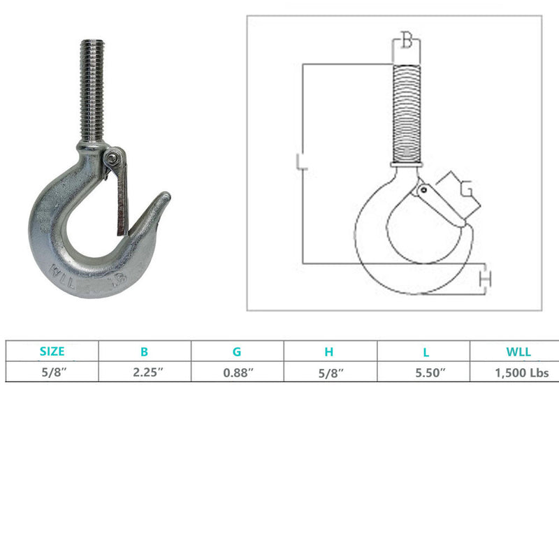 Marine 5/8" Threaded Shank Hook Drop Forged Hook 1,500 Lb WLL Stainless Steel