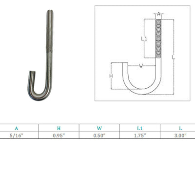 Marine Boat 5/16" x 3" J Bolt Spring Hook J-Bolt J Hook Stainless Steel T316
