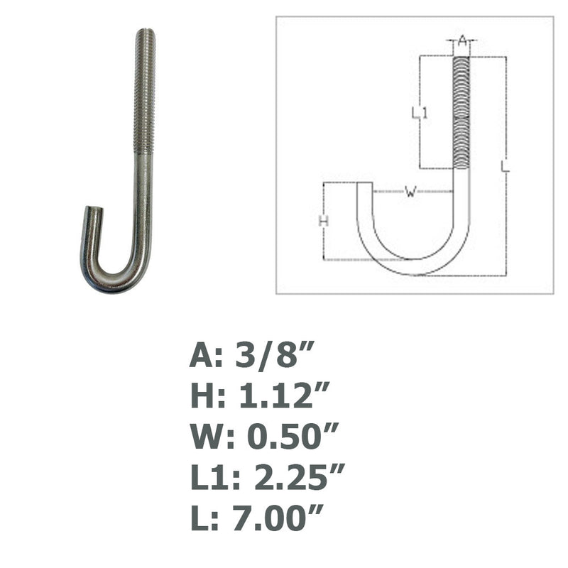 Marine Boat 3/8" x 7" J Bolt Spring Hook J-Bolt J Hook Stainless Steel T316