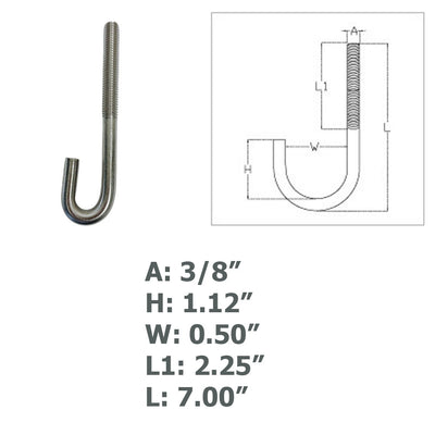 Marine Boat 3/8" x 7" J Bolt Spring Hook J-Bolt J Hook T316 Stainless Steel 4 Pcs