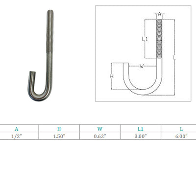 Marine Boat 1/2" x 6" J Bolt Spring Hook J-Bolt J Hook Stainless Steel T316