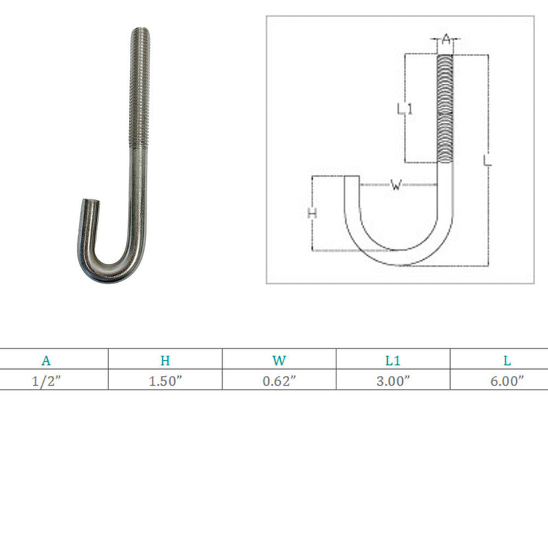 Marine Boat 1/2" x 6" J Bolt Spring Hook J-Bolt J Hook Stainless Steel T316