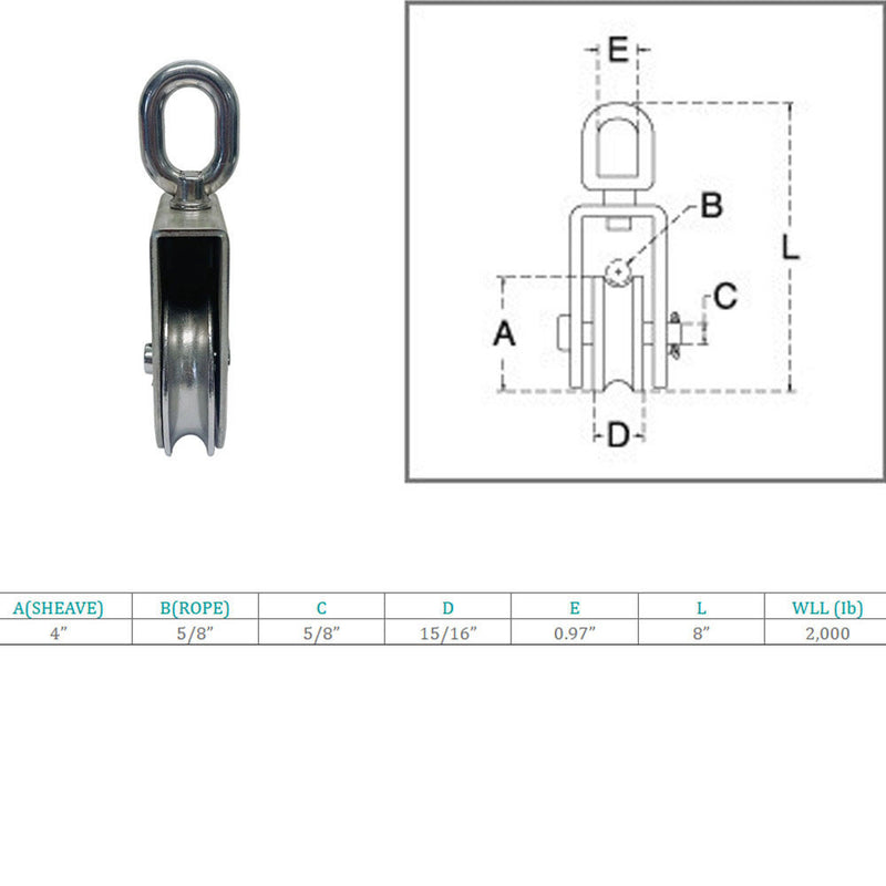 Marine 4" Sheave Square Block 5/8" Wire Pulley 2000Lb WLL Stainless Steel 4 Pcs