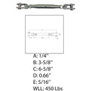 Marine 1/4" Toggle & toggle Pipe Turnbuckle 450 Lbs WLL Stainless Steel T316