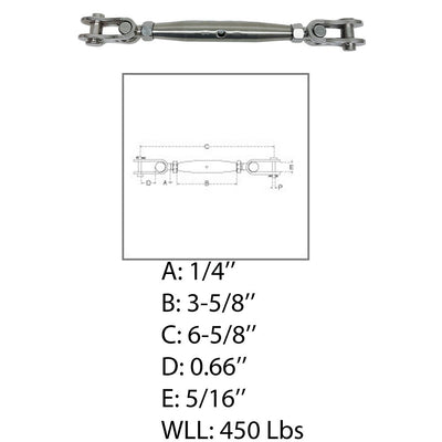 Marine 1/4" Toggle & toggle Pipe Turnbuckle 450 Lbs WLL Stainless Steel 4 Pcs