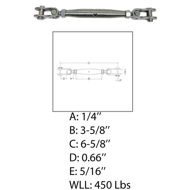 Marine 1/4" Toggle & toggle Pipe Turnbuckle 450 Lbs WLL Stainless Steel 4 Pcs