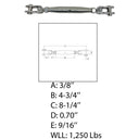 Marine 3/8" Toggle & toggle Pipe Turnbuckle 1250 Lbs WLL Stainless Steel 4 Pcs