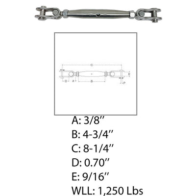 Marine 3/8" Toggle & toggle Pipe Turnbuckle 1250 Lbs WLL Stainless Steel 4 Pcs