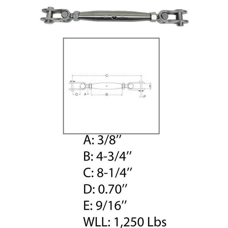 Marine 3/8" Toggle & toggle Pipe Turnbuckle 1250 Lbs WLL Stainless Steel 4 Pcs