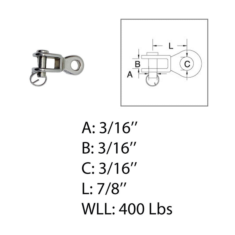 Marine Grade 3/16" Rigging Toggle 400 Lb WLL Lifting Rigging Stainless Steel 316