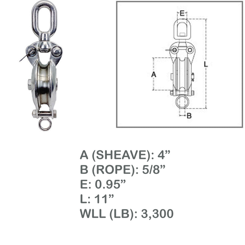 Heavy Duty Stainless Steel T316 Sheave Swivel Block Hoist Lift Used For Rope Wire