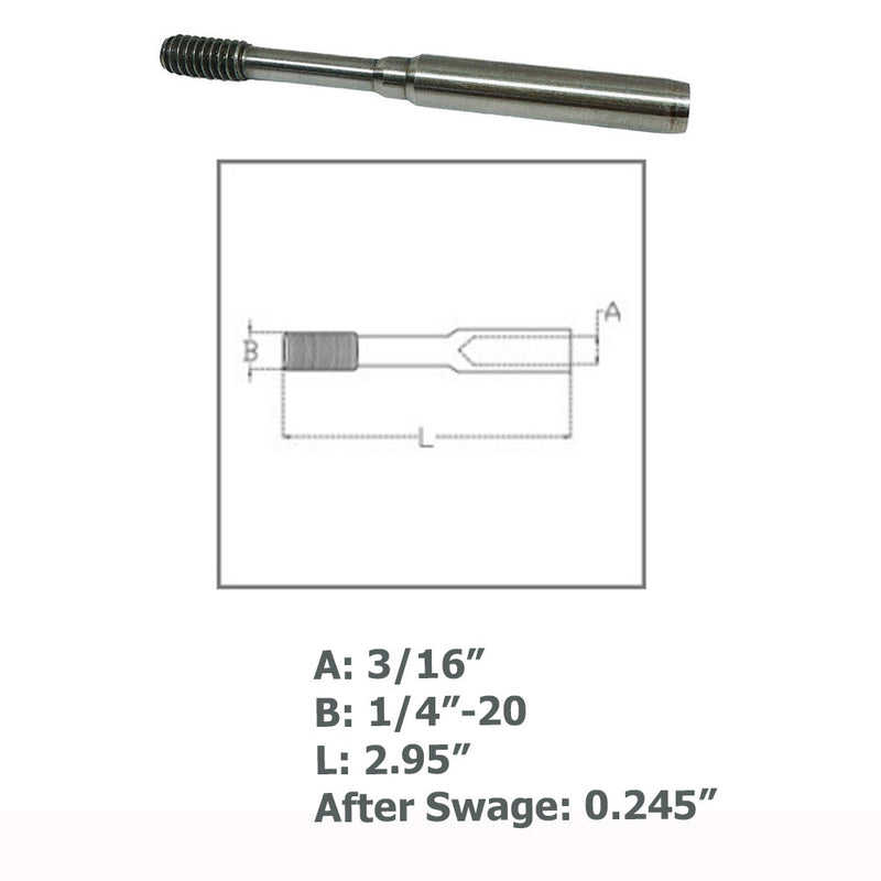 1/4" Stud Hand Swage 3/16" Cable Slimline Stud Receiver Stainless Steel T316