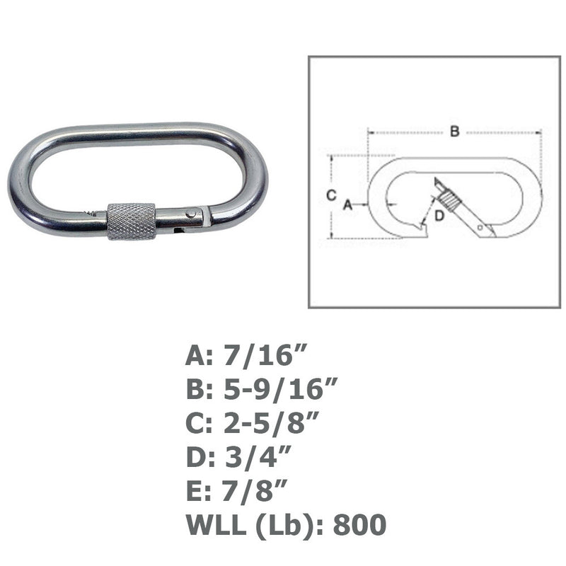 7/16" Carabiner Clip Spring Snap Hook Oval Shape W/ Lock Nut Stainless Steel 4Pc