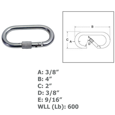 Carabiner Clip Spring Snap Hook Oval Shape With Lock Nut Stainless Steel T316