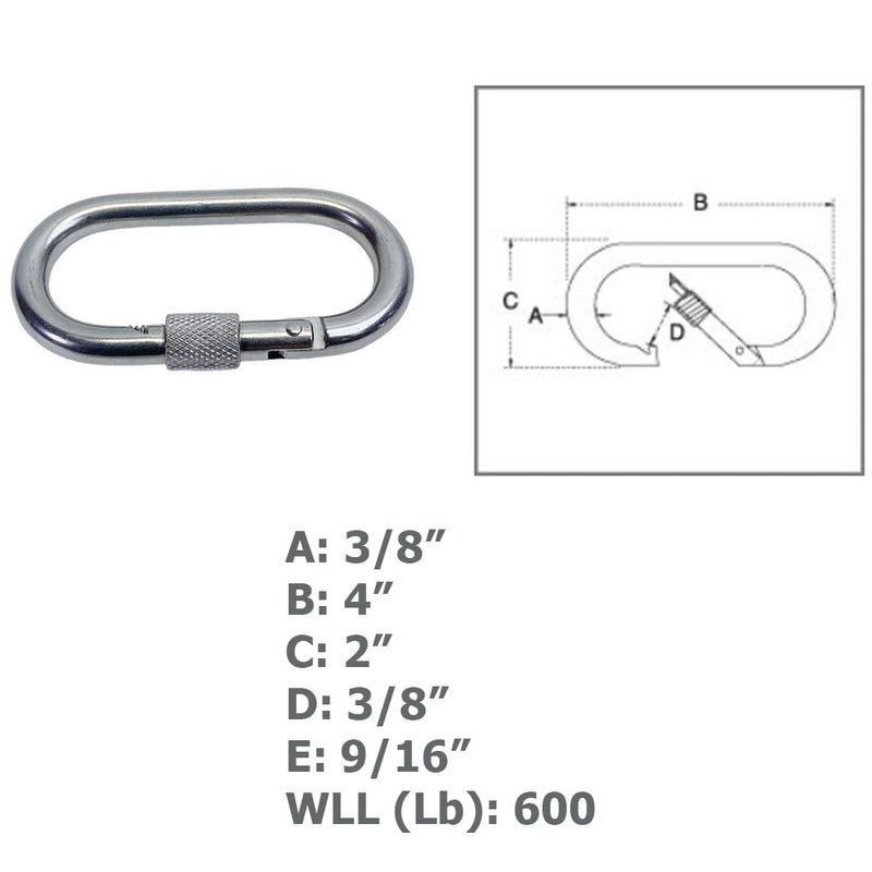 Carabiner Clip Spring Snap Hook Oval Shape With Lock Nut Stainless Steel T316