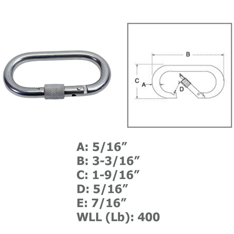 Carabiner Clip Spring Snap Hook Oval Shape With Lock Nut Stainless Steel T316