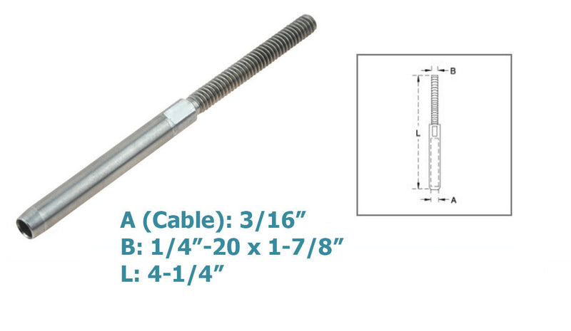 Marine 3/16" Cable Rail Hand Swage Stud Swage Terminal Stainless Steel T316