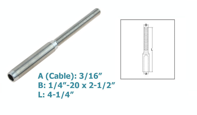 3/16" Hand Swage Lifeline Stud RH Cable Rail T316 Stainless Steel Marine 4 Pcs