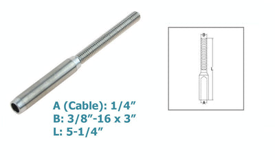 1/4" Hand Swage Lifeline Stud RH 3/8" Cable Rail Stainless Steel 316 Marine 4Pcs