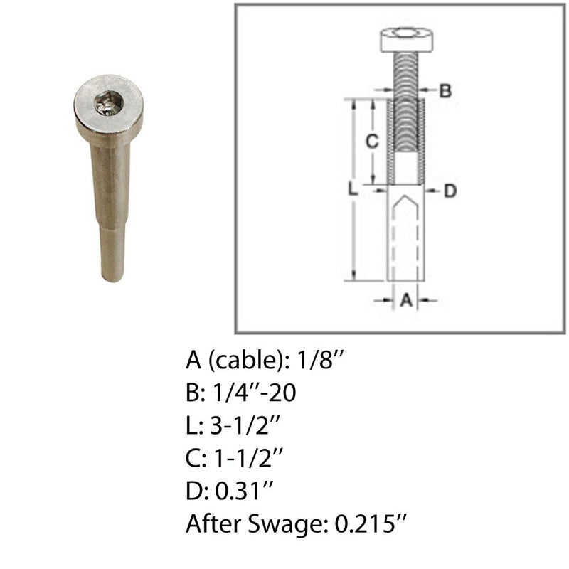 Marine 1/8" Adjustable Swage Stud Cable Railing Wire T316 Stainless Steel 4 Pcs