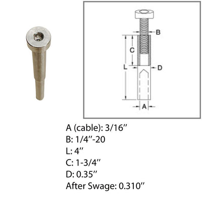 Marine 3/16" Adjustable Swage Stud Cable Railing Wire T316 Stainless Steel 4 Pcs