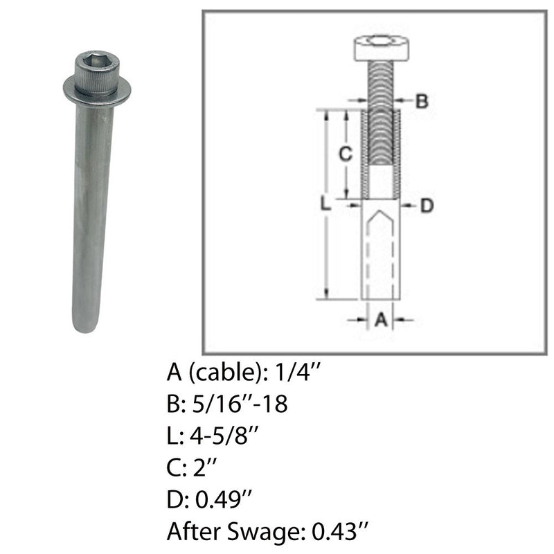 Marine Boat 1/4" Adjustable Swage Stud Cable Railing Wire T316 Stainless Steel