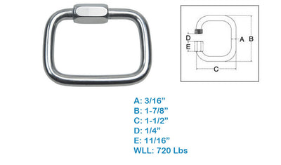 Stainless Steel T316 Square Quick Link 3/16" 720 Lbs WLL Marine Grade 4 Pcs