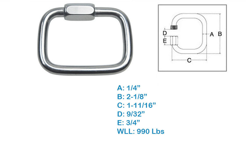 Stainless Steel T316 Square Quick Link 1/4" 990 Lbs WLL Marine Grade 4 Pcs