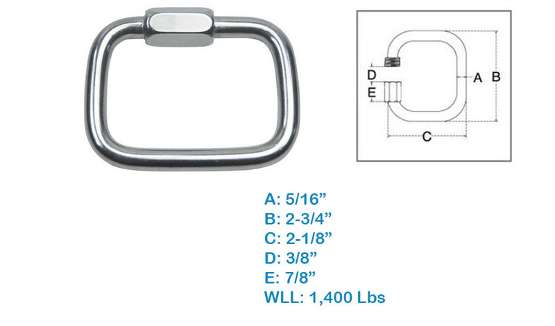 Stainless Steel T316 Square Quick Link 5/16" 1,400 Lbs WLL Marine Grade 4 Pcs