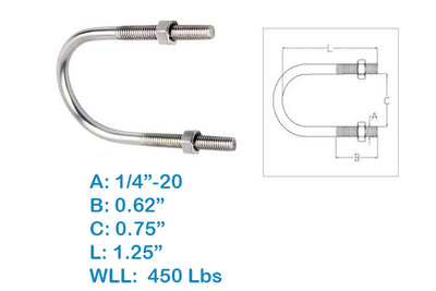 1.25"L U-Bolts, 1/4"-20 Thread With Hex Nuts, 450 Lbs WLL, Stainless Steel 4 Pcs