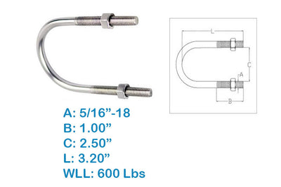 3.20"L U-Bolts, 5/16"-18 Thread W/ Hex Nuts, 600 Lbs WLL, Stainless Steel 4 Pcs