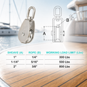 T316 Stainless Steel Single Sheave Swivel Eye Pulley, Marine Hoist Block for Rope, Cable, Boat, Dock, and Rigging - PACK 5