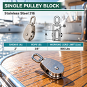 T316 Stainless Steel Single Sheave Swivel Eye Pulley, Marine Hoist Block for Rope, Cable, Boat, Dock, and Rigging - PACK 5