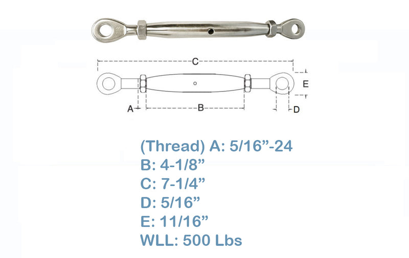 Marine Boat Turnbuckle – T316 Stainless Steel, 5/16" Eye to Eye, Closed Body, 500 lbs WLL – Corrosion Resistant Rigging & Tensioning Hardware for Sailboats, Yachts, and Deck Applications