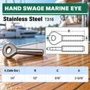 T316 Stainless Steel Swage Eye Terminal Ends, Cable Wire Rope Fittings for Marine, Railing, and Rigging Use - PACK 5