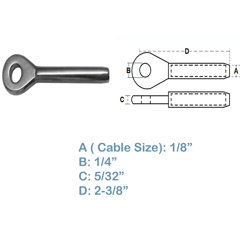 5 PC Swage Eye Terminal End For Cable Wire Rope Solid Stainless Steel 316 Grade