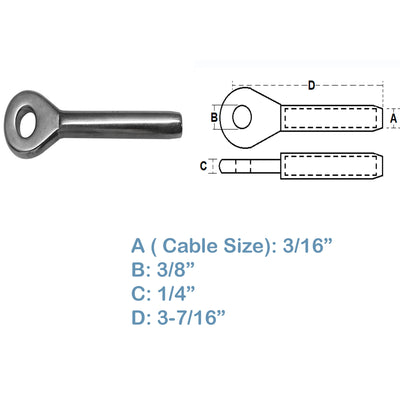 5 PC Swage Eye Terminal End For Cable Wire Rope Solid Stainless Steel 316 Grade