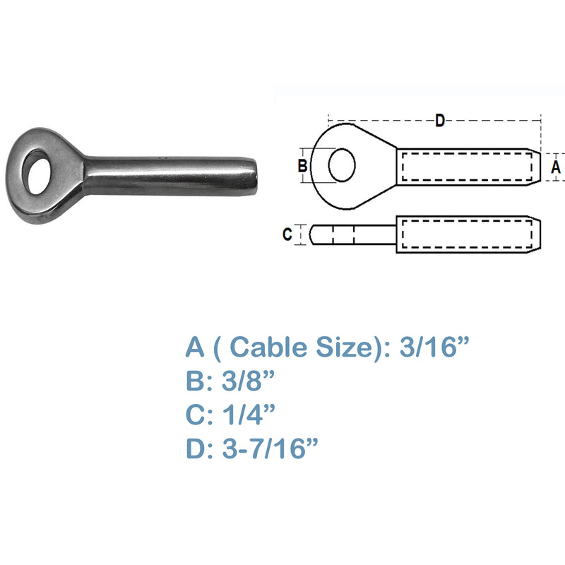 5 PC Swage Eye Terminal End For Cable Wire Rope Solid Stainless Steel 316 Grade