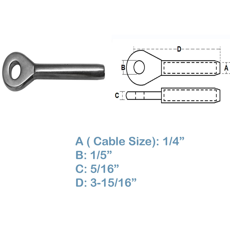 5 PC Swage Eye Terminal End For Cable Wire Rope Solid Stainless Steel 316 Grade