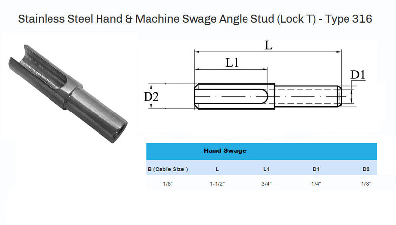Set 5 Hand Swage Angle Stud for Cable Railing 316 Stainless Steel - 1/8", 3/16" Cable