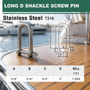 Marine Stainless Steel 316 Eye Screw Pin Long D Shackle, Sailing Rigging Connector for Rope, Chain, and Cable - PACK 5